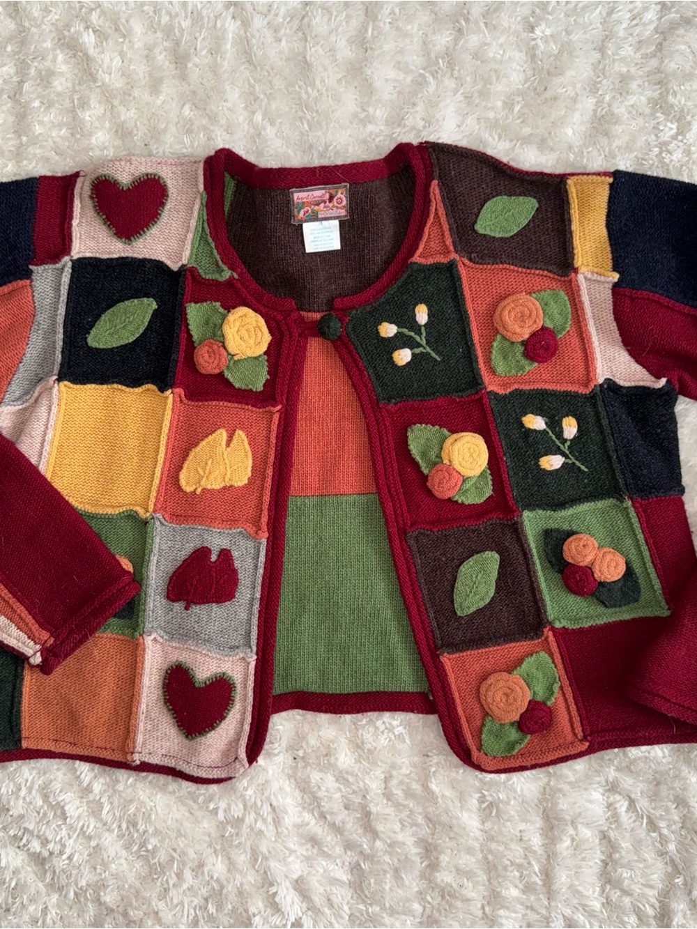 April Cornell Multicolor Patchwork Floral Appliqué Cardigan 100% Lambswool